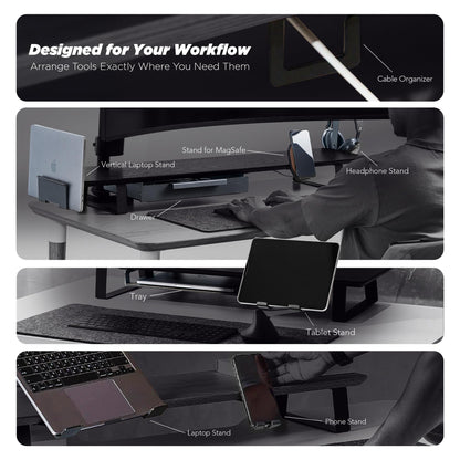 ULTRARM Moodular Wooden Monitor Stand 45.6” (116cm) Large Desk Organizer with Metal Slide Rails for Drawer, Tray, Laptop, Tablet, Phone & Headphones Customizable Riser for Organized Workspace Walnut