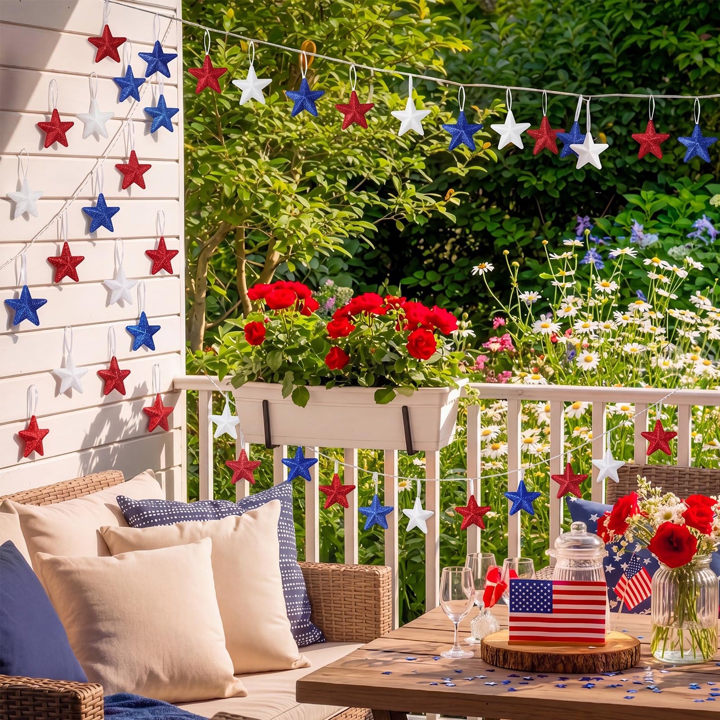 24 Pcs 4th of July Large Star Ornaments, 4.3 Inch Patriotic Hanging Glitter Star Red White Blue Tree Decor for Independence Day, 250th Anniversary, Memorial Day Home Party Decor