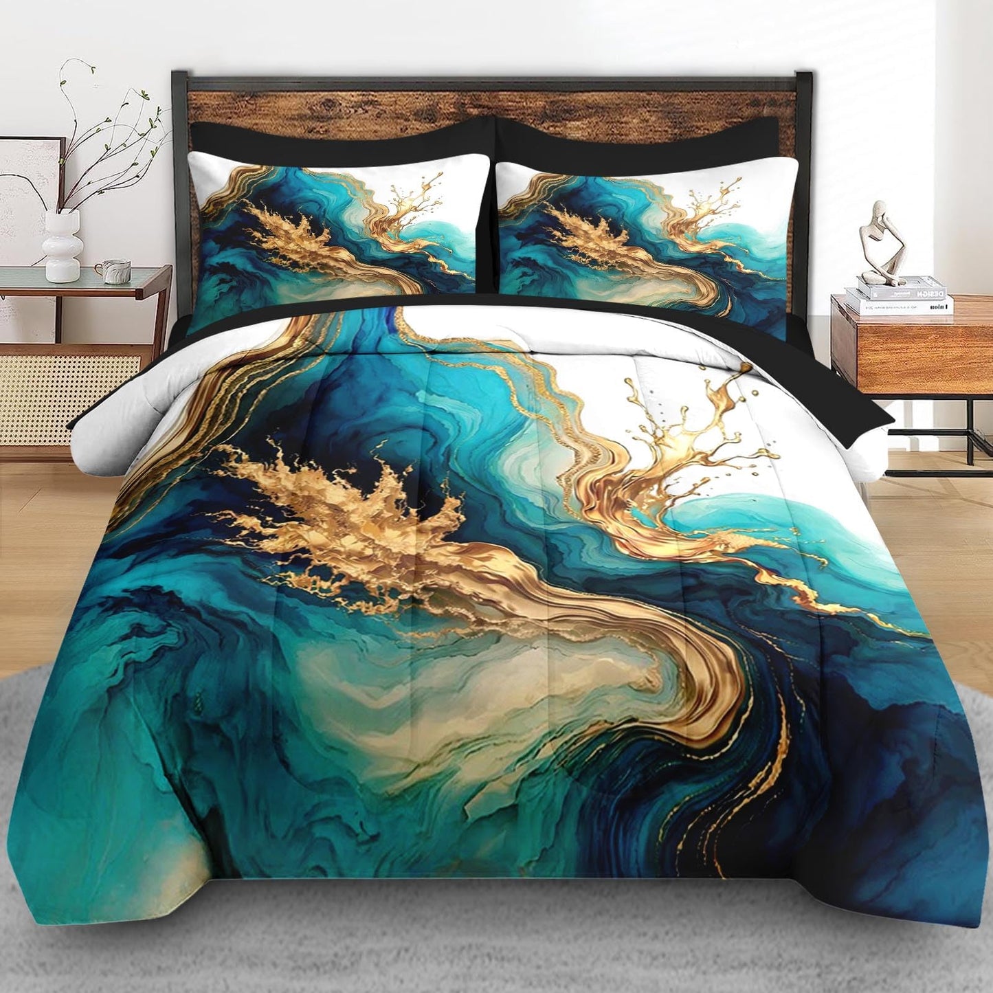 Pamnest Comforter Set Twin Size, Mint Green Marble Gold 5 Pcs Bedding for Kids and Adults, Teal Turquoise Blue Bed Sheet Sets with Fitted Sheet Pillowcase & Sham for Bedroom Bed Decor