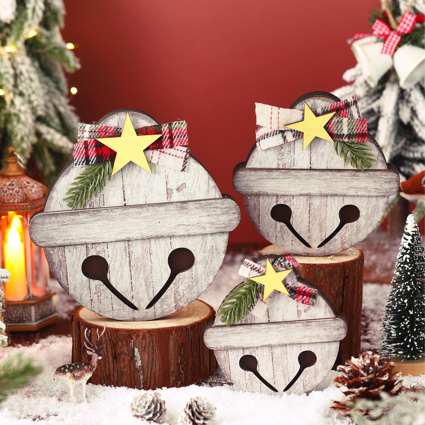 Threehoney 3 Pcs Christmas Wooden Table Decorations Rustic Jingle Bell Wood Sign with Plaid Bow Pine Branches Star Farmhouse Christmas Bell Table Centerpieces for Xmas Party Kitchen Tiered Tray Decor