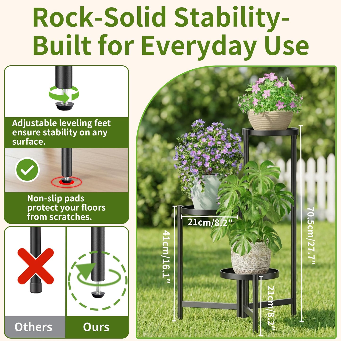 NQW 3 Tier Large Plant Stand Indoor with 7.9 Inch Wide Tray, Tiered Corner Metal Outdoor Flower Holder Stand, Folding Tall Rack for Display Shelf for Patio Porch Balcony - BlackDisk