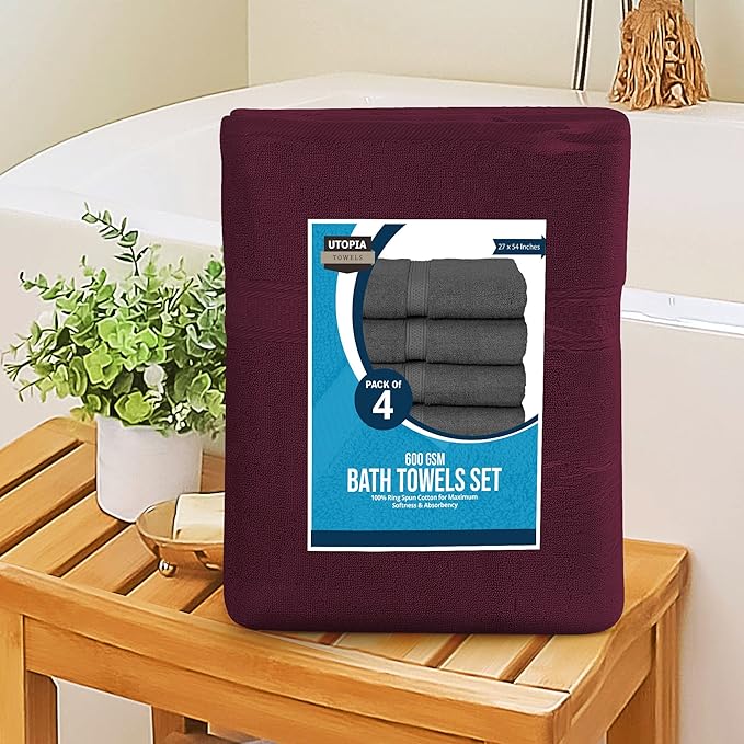Utopia Towels 4 Pack Premium Bath Towels Set, 27 by 54 Inches, 100% Ring Spun