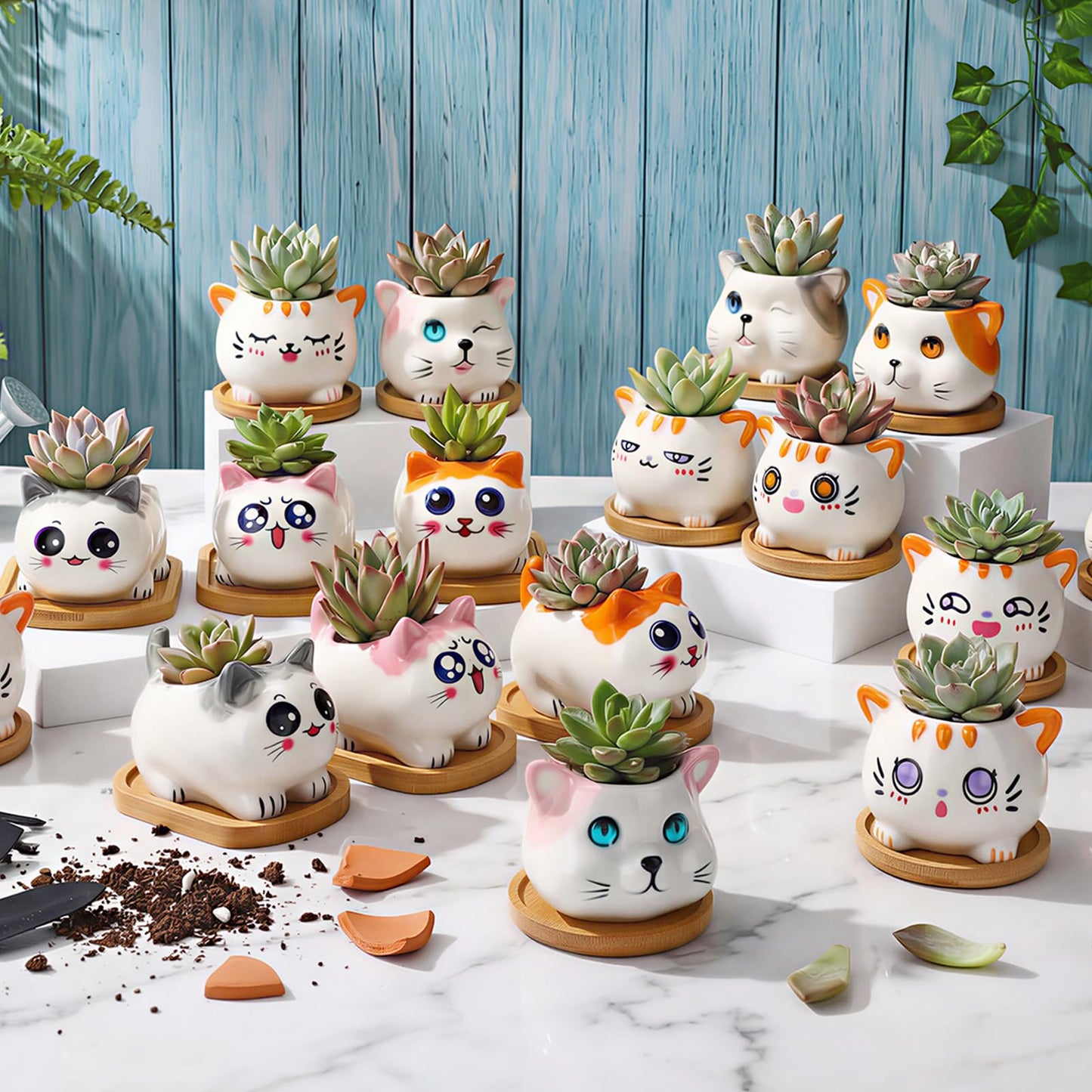 Cindeer 18 Pcs 2.5 Inch Cat Ceramic Succulent Planter Pots – Cute Cat Small Pots with Drainage Hole and Bamboo Tray for Succulents, Cactus, Home Garden Office Desk Decoration Gift Ideas