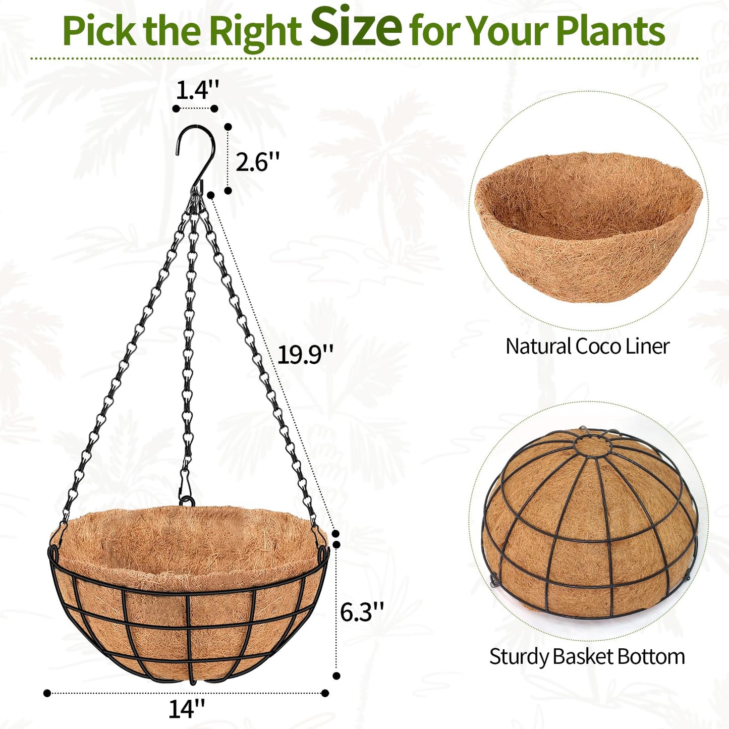 14 Inch Hanging Baskets for Plants Outdoor, 4 Pack Large Hanging Planters for Indoor Outdoor Plants, Round Metal Wire Hanging Flower Pots with Coconut Coir Liners for Garden, Deck, Porch, Balcony