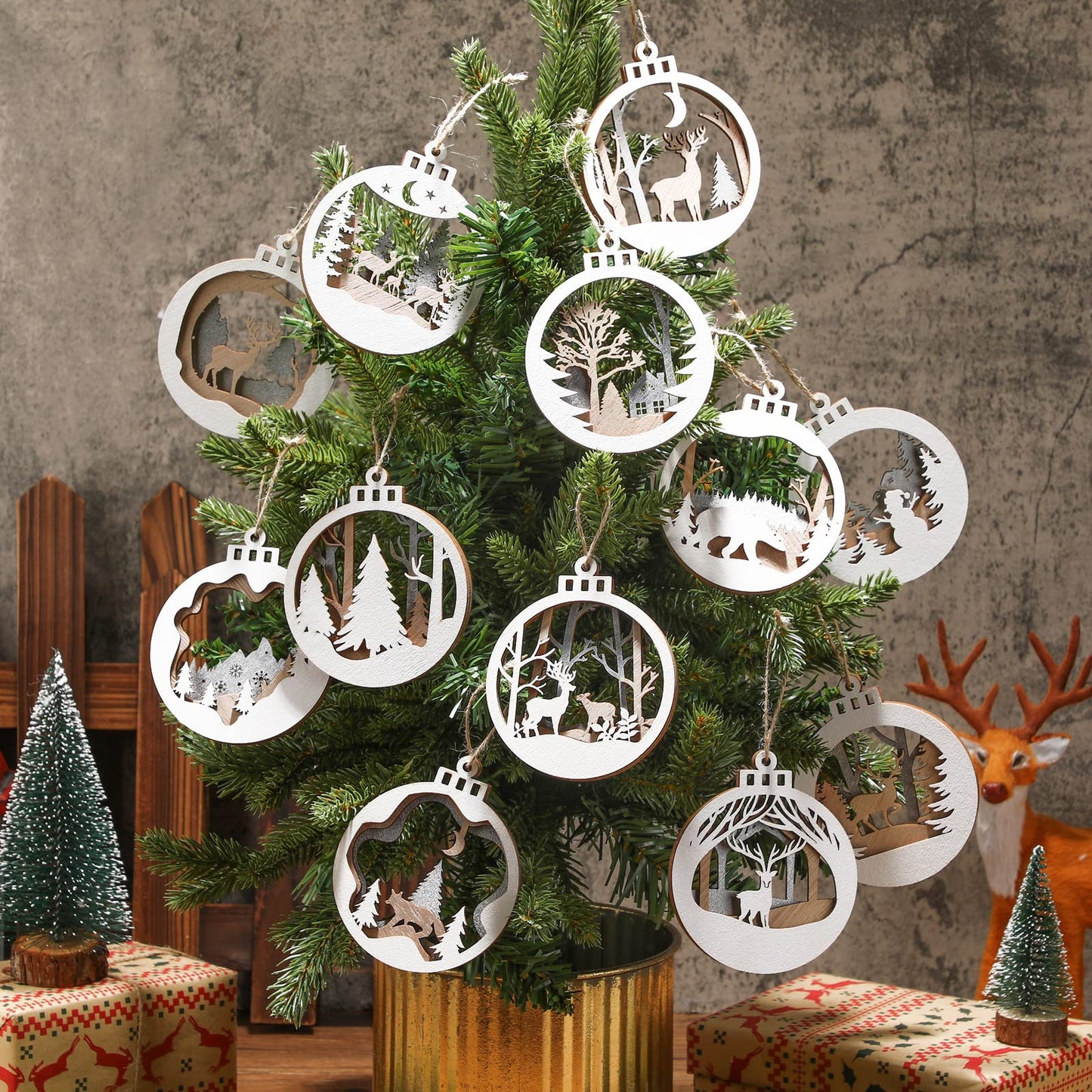 Spiareal 24 Pcs Wooden Christmas Ornaments Xmas Tree Decorations Wood Cutouts Reindeer Decoration Decorative Hanging Christmas Tree Ornaments, 12 Styles