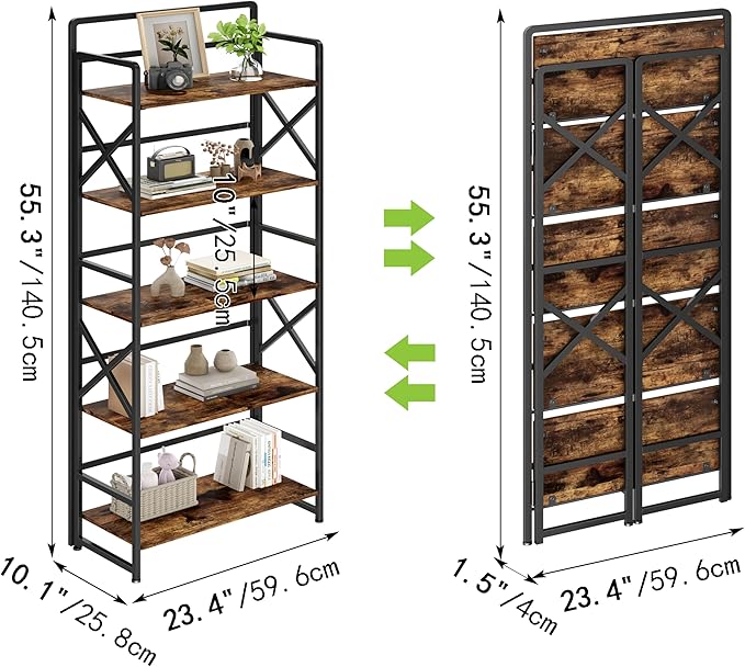 No Assembly Folding Bookshelf, 5 Tiers Vintage Wood Collapsible Book Shelf
