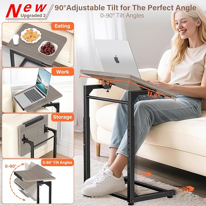 Tv Tray Table Set of 2, 8-Level Adjustable Height Couch Side Table，90° Tilt