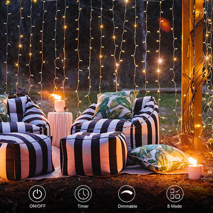 echosari 300 LED Curtain Lights Battery Operated, 9.8ft×9.8ft Hanging Light with Remote Timer Fairy Curtain Lights for Bedroom Patio Wedding Backdrop Party Decór (Warm White)