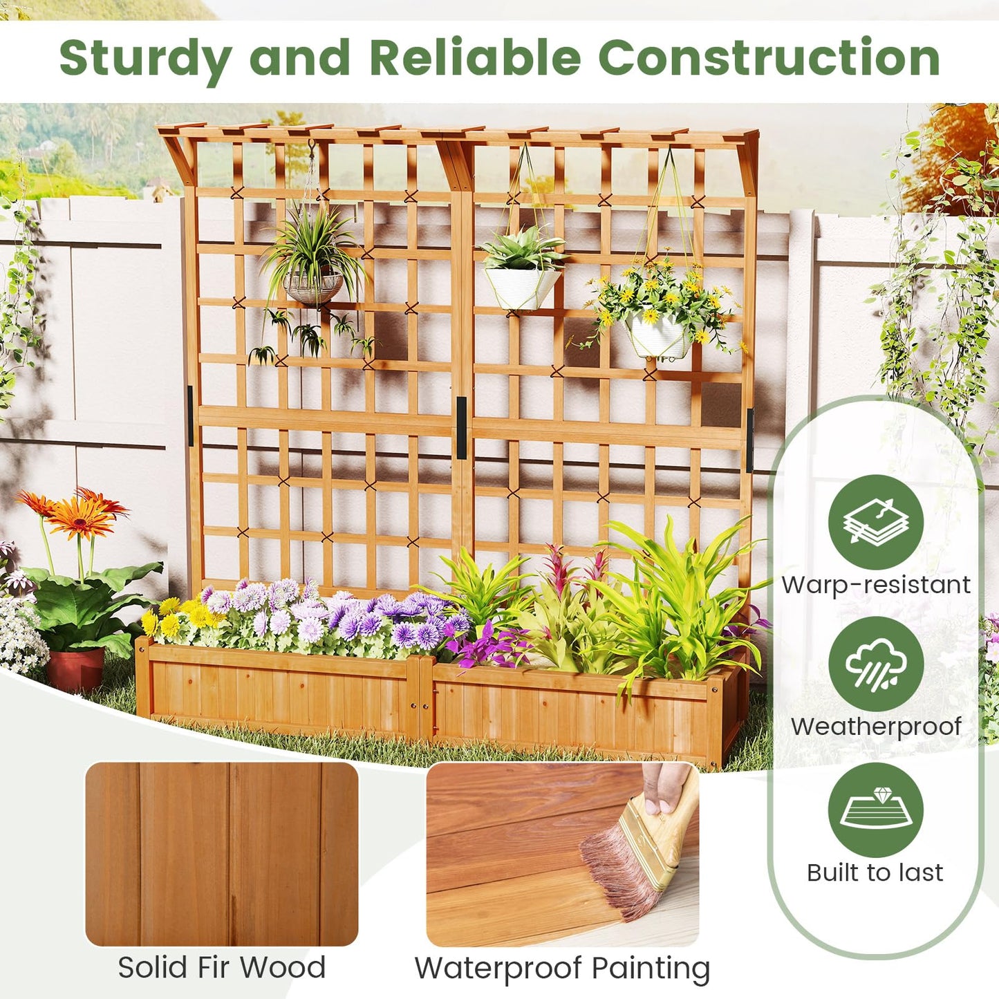 Toolsempire 72" Raised Garden Bed with Lattice Trellis, Hanging Roof & Drainage Holes, Elevated Wooden Planter Box for Vine Climbing Plant, Flower, Herb & Vegetable