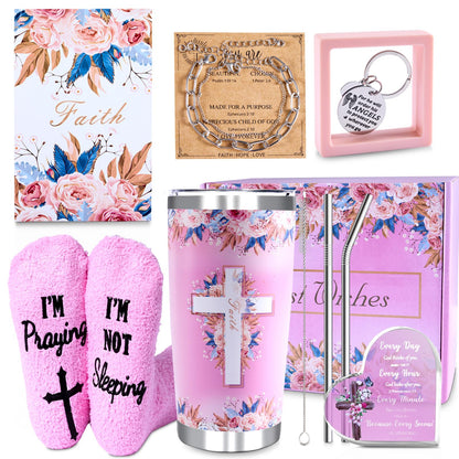 Christian Gifts for Women, 9 PCS Religious Gift Bulk Set Includes 20 oz Tumblern Straw Brush Sock Acrylic Quota Panel Keychain Bracelet Thanks Card Gift Box, Perfect Christmas Faith Gifts for Girls