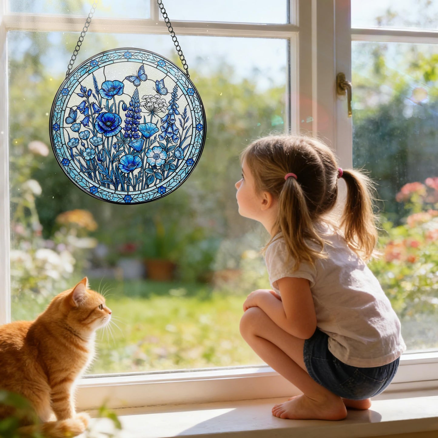 Stained Glass Window Hanging, 7.8 Inch Blue Floral Stained Glass Sun Catcher, Suncatchers for Windows, Window Hanging Ornaments, Spring Gift for Mom, Garden Lover Gift, Mother's Day & Birthday Gift