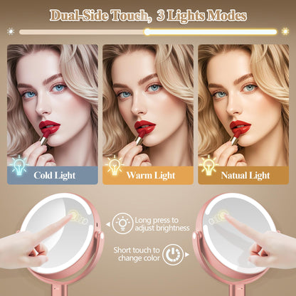 Makeup Mirror with Lights, Double Sided 1x/20x Magnifying Mirror with Light, Rechargeable 3 Color Lights and Adjustable Brightness, 360° Rotation Detachable Comes with Tweezer(Black)