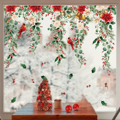 Whaline 9 Sheets Christmas Floral Window Cling Stickers Hanging Poinsettia Flowers Eucalyptus Leaves Reusable Window Decals for Xmas Winter Party Home Office Classroom Decoration