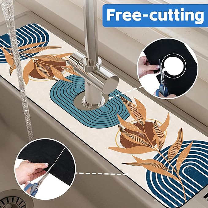 Abstract Blue Minimalistic Sink Faucet Absorbing Mat Sink Splash Guard Faucet