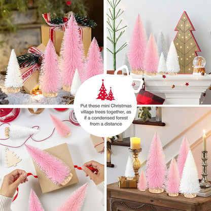 9Pcs Mini Christmas Trees Christmas Decor Artificial Christmas Decorations with 4 Sizes, Christmas Tree Bottle Brush Trees Christmas Table Decorations (Pink Light Pink White)