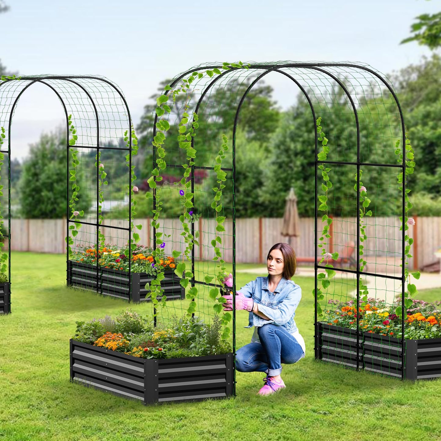 UrGROWA 3 in 1 Galvanized Raised Garden Bed with 87" H Arch Trellis for Climbing Plants, Outdoor Gardening Planter Box with Climbing Net for Flower Vegetables Fruits Herbs, Black
