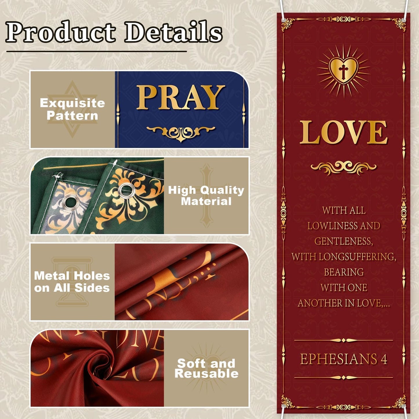 4Pcs Welcome Religious Easter Banners for Church Sanctuary Wall - Hanging Backdrop Worship Christian Nativity Banner Scripture Porch Signs for Easter School Nativity Decor