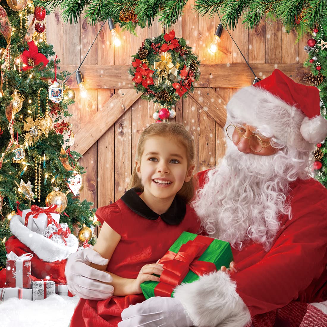 CYLYH 8x8FT Christmas Backdrop Barn Wood Door Photography Backdrop Xmas Tree Snow Gift Wall Floor Party Photo Background for Holiday New Year Party Banner Christmas Family Party Supplies
