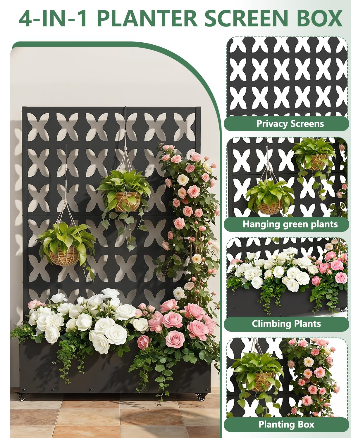 FOLAWO 2PCS Metal Planter Box with Trellis,70.9"x47.2"x15.7" Raised Garden Bed with Drainage Holes, Privacy Planters for Outdoor Garden Bed for Climbing Plants,Vegetables,and Vines, Black-X