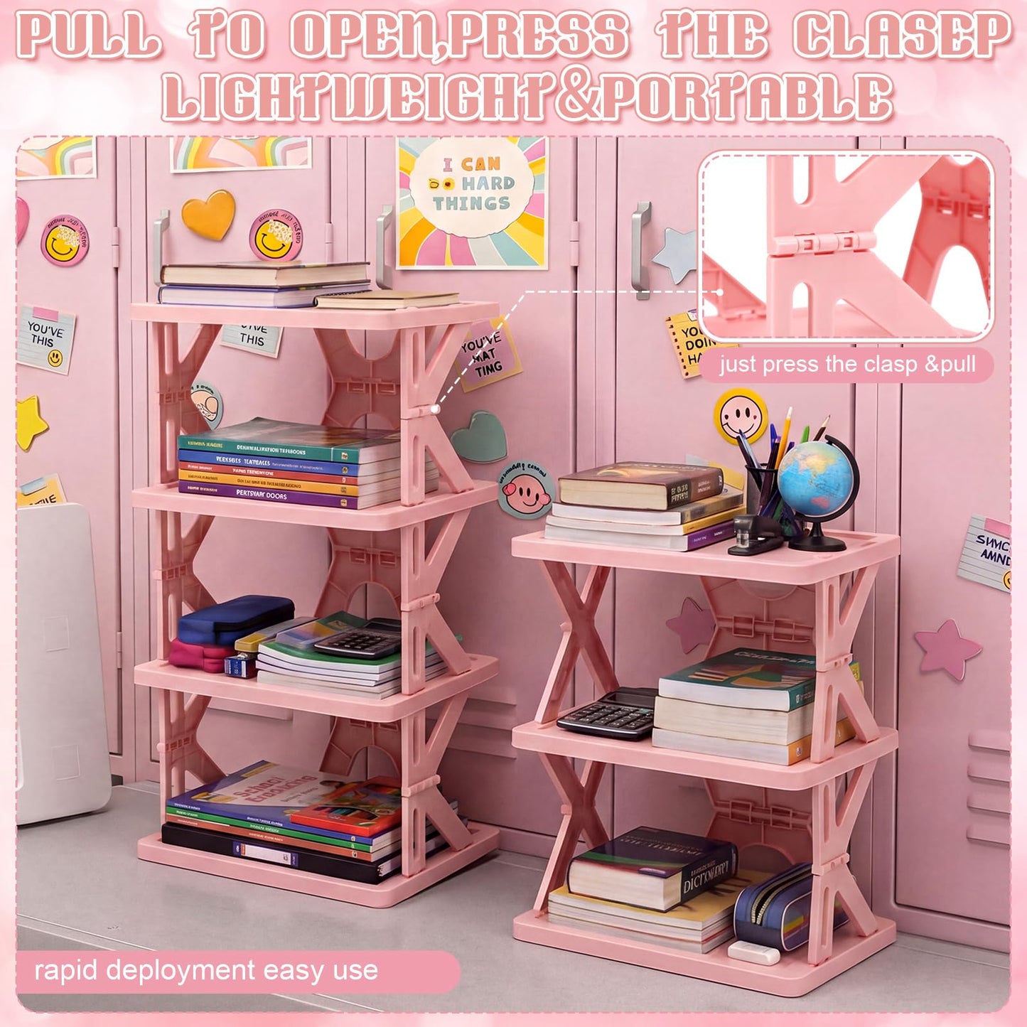 Lineshading 4 Tier Foldable Locker Organizer Shelf Foldable Storage Shelves Locker for School, Office, Gym Lockers, Dorm Room, Multi-Layer Shoe Gear Tower, Heavy-Duty No-Tool Portable Shelf(Pink)