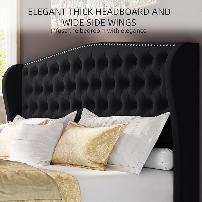 BRELTAM Upholstered King Size Bed Frame Velvet Black Tufted Platform Bed Frame