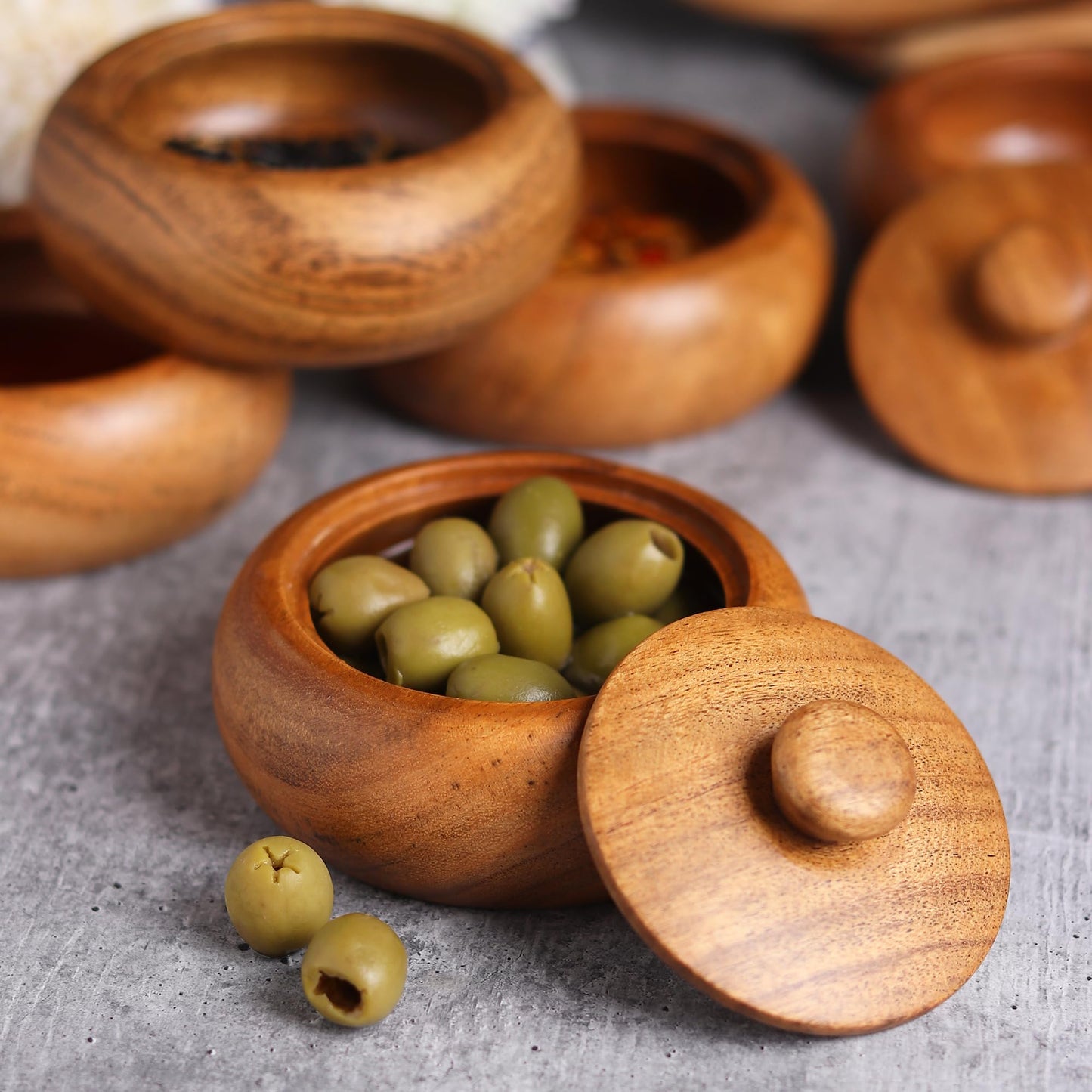 LAVAUX DESIGNS Acacia wood Set of 4 bowls with lid, 3.5X2 inches (3 oz), Rustic looking wood salt containers can also be used as spice box, storage for condiments, sugar, tea, celtic salt or nuts
