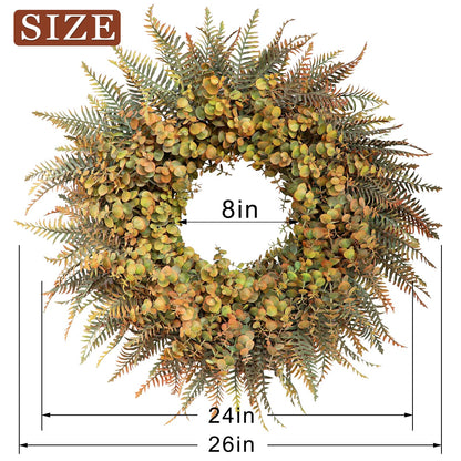 26" Fall Wreath for Front Door - Large Artificial Eucalyptus and Fake Ferns Leaves Outdoor Wreath for Porch, Window,Farmhouse,Home,Thanksgiving Day Harvest Festival Autumn Decor