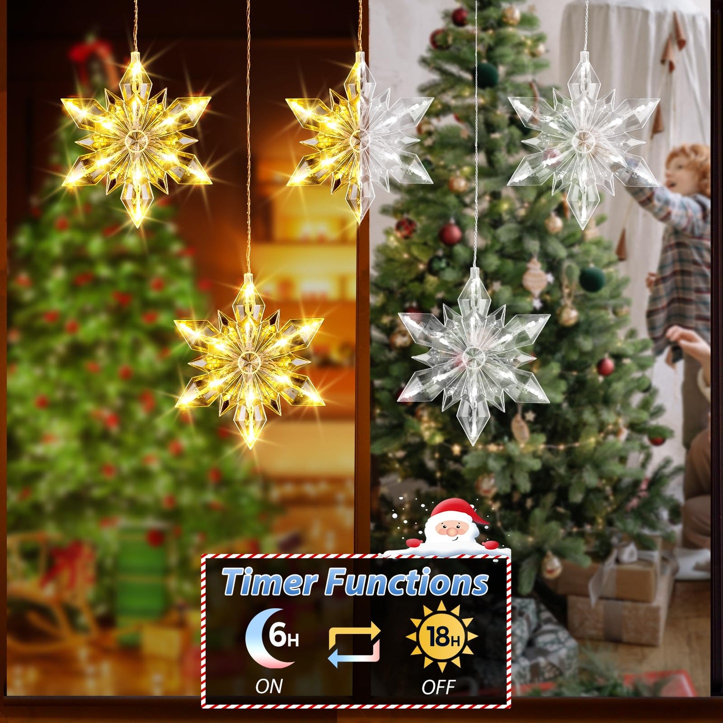Christmas Snowflakes Window Lights, 5 Pack 60 LEDs Waterproof Hanging Battery Operated Christmas Decoration with Timer for Indoor Outdoor Xmas Home Winter Party Patio Bedroom Decor, Warm White