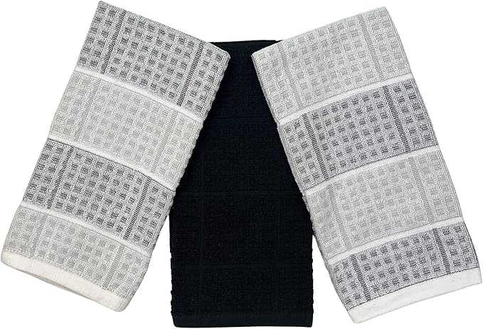 Black Gray Kitchen Dish Towels- Set of 3 100% Cotton Cloth Soft Cleaning Drying