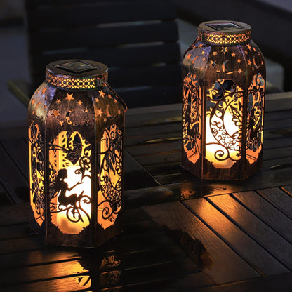 Singingarden Solar Lanterns Outdoor Garden Hanging Lantern Waterproof LED Metal Bronze Moon Fairy Lantern Waterproof Flickering Flameless Candle Mission Lights for Table,Patio,Mother's Day Gift(2Pack)