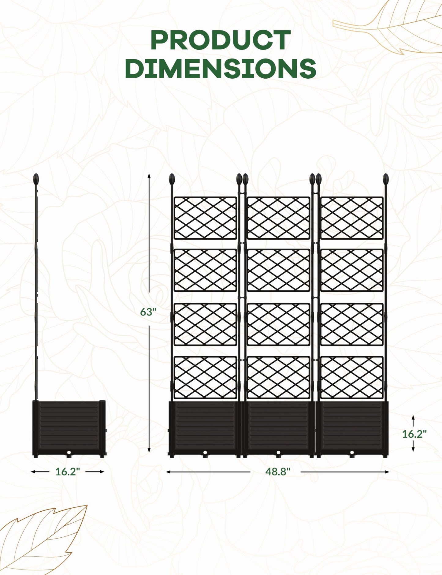 3 PCS Raised Garden Bed with Trellis & Privacy Screen, 50" w x 63" Tall Vertical Garden Planter Box for Climbing Plants - Sturdy Lightweight Outdoor Planter for Vegetables, Flowers on Patio, Balcony