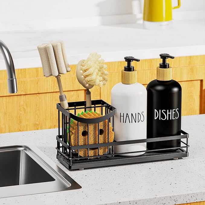 Moforoco Kitchen Dish Soap Dispenser Set, 16OZ Glass Bottle, Hand and Dish Soap
