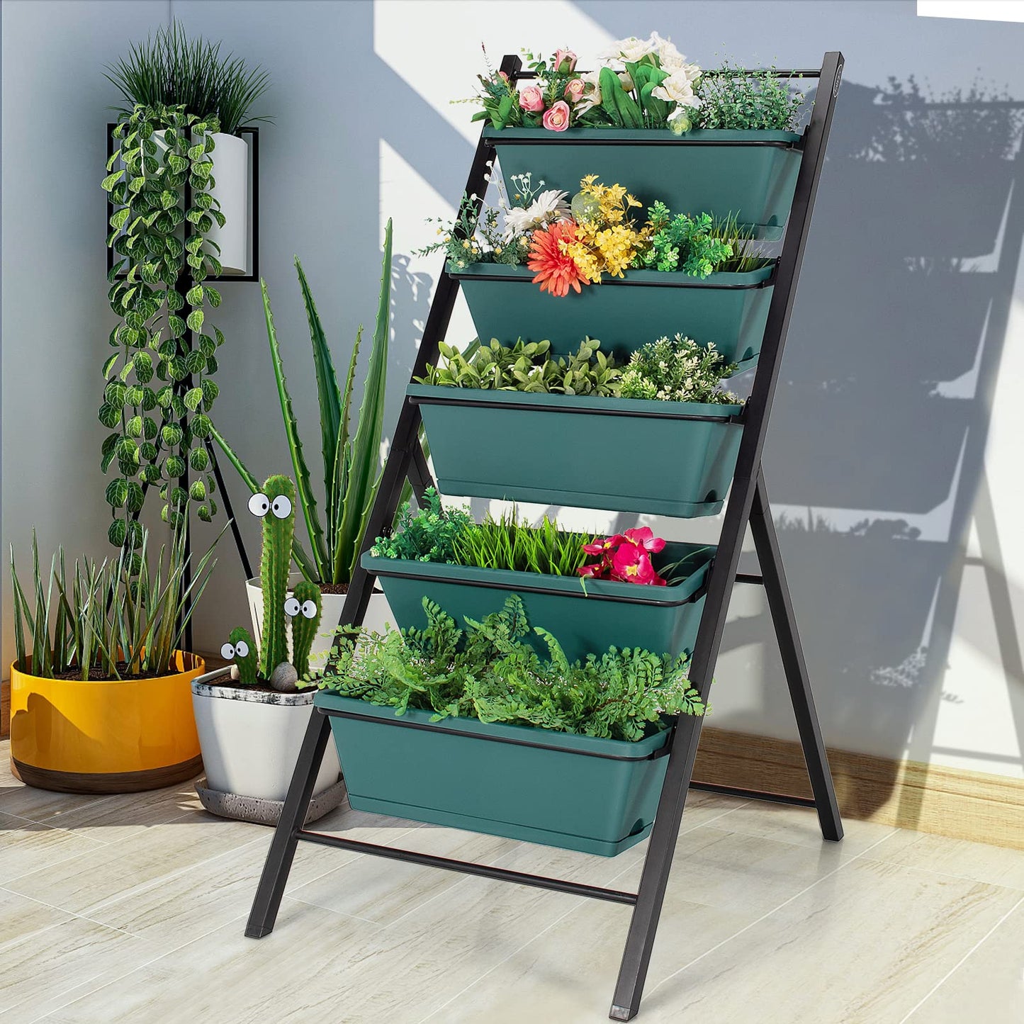 Giantex Set of 2 Vertical Planter Raised Bed, Elevated Garden Beds with Water Drainage Hole, Freestanding 5 Container Boxes for Herb Vegetables Flowers Growing, Outdoor Indoor Patio Balcony