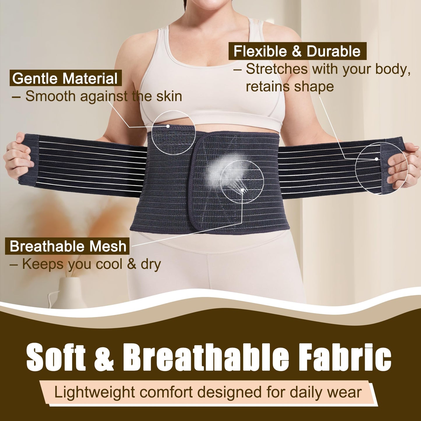 Reian Belly Band, Postpartum Essentials for Natural and C-Section Recovery, Adjustable Compression Wrap, After Birth Support Brace, Abdominal BInder (Black, Large)