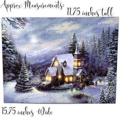 LED Wall Art - Lighted Church Christmas Canvas Print - Light Up LED Winter Woodland Country - Snowy Forest Setting - Measures 11.75" x 15.75"