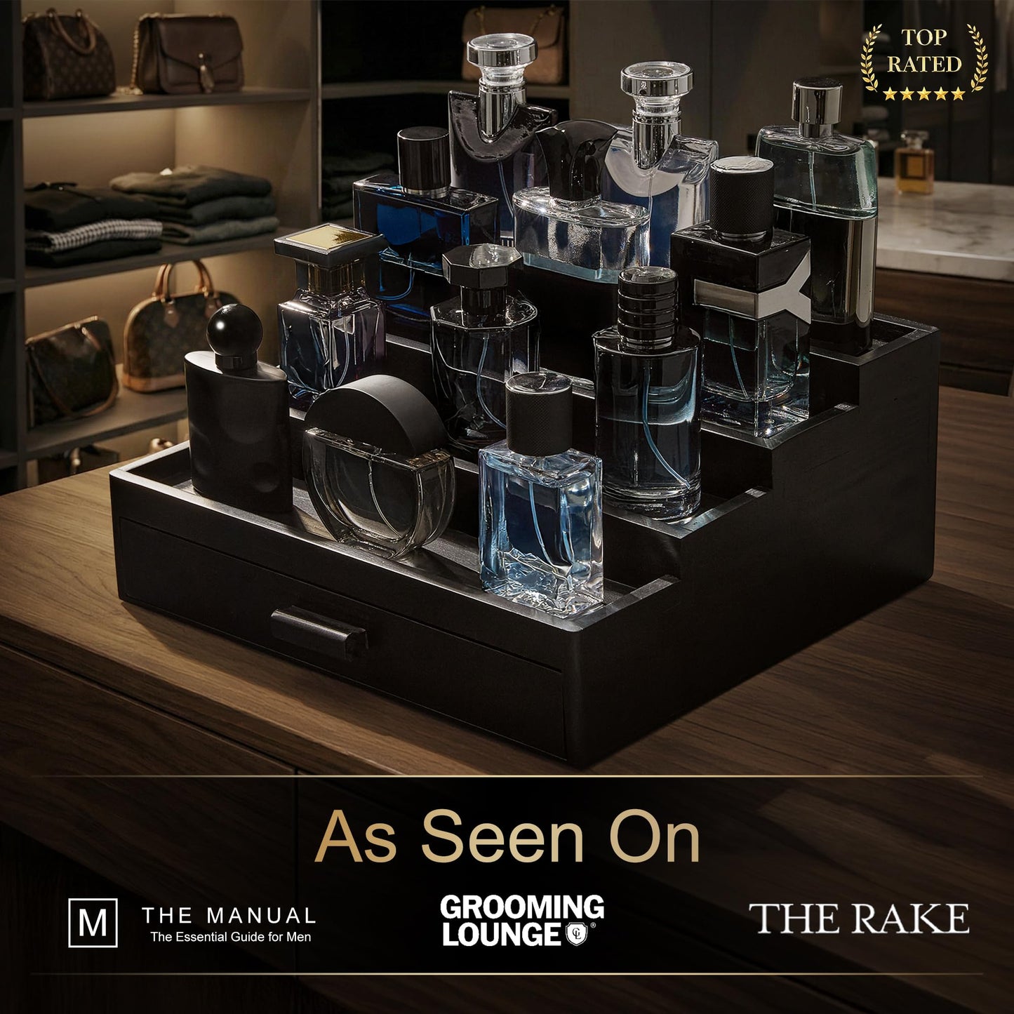 Swathmore Supply Co. Cologne Organizer for Men – 4 Tier Wooden Cologne Stand with Premium Velvet Drawer, Cologne Shelf, Perfume Fragrance Organizer & Display Holder for Dresser, Father's Day, Black