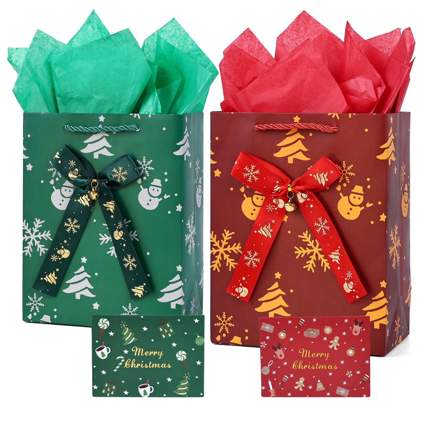 JMANNI Christmas Gift Bags, Christmas Bags with Tissue Paper, 2 Styles christmas bags for gifts, Small Gift Bags With Christmas bells, Xmas Paper Bags, Gifts Wrapping, Party Favors Holiday Gift Bags