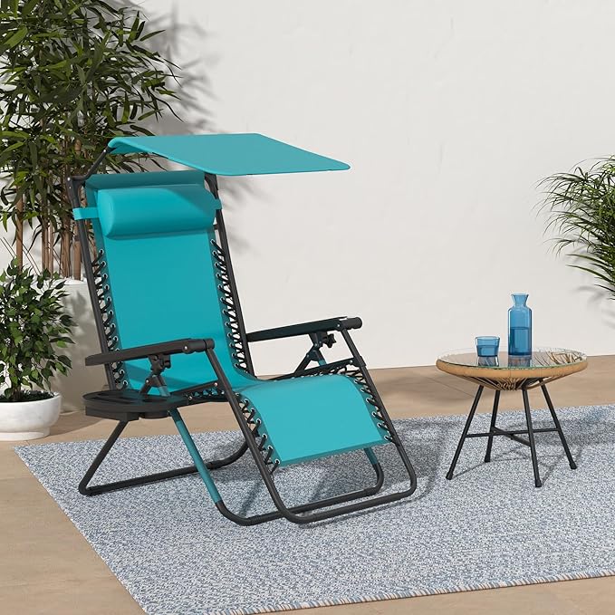 Best Choice Products Folding Zero Gravity Outdoor Recliner Patio Lounge Chair w/Adjustable Canopy Shade, Headrest, Side Accessory Tray, Textilene Mesh - Peacock Blue
