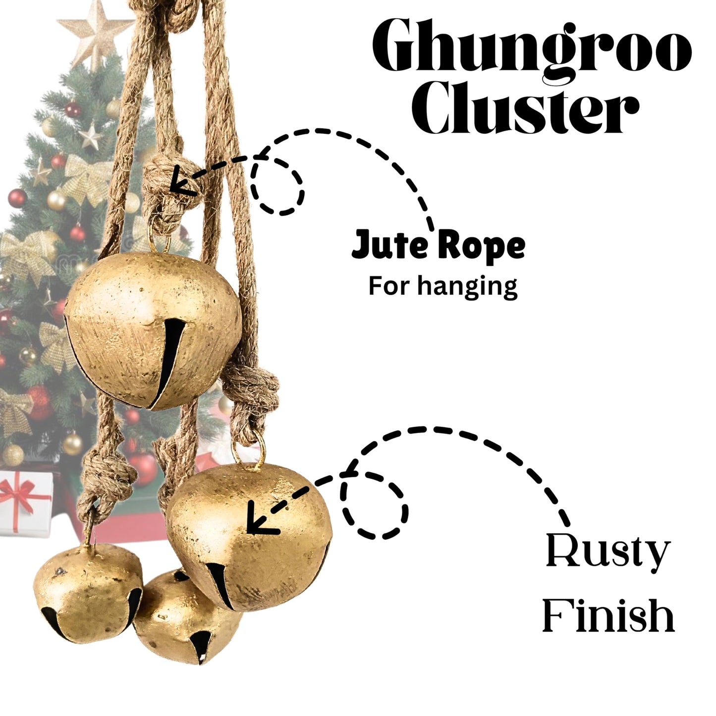 Rustic Hanging Ornaments Bells – Handcrafted Wind Chimes with 1-Inch and 3-Inch, Bell Cluster for Home, Garden, Porch Handmade Hanging Lucky Bells On Rope (Brass 2, Small 2)