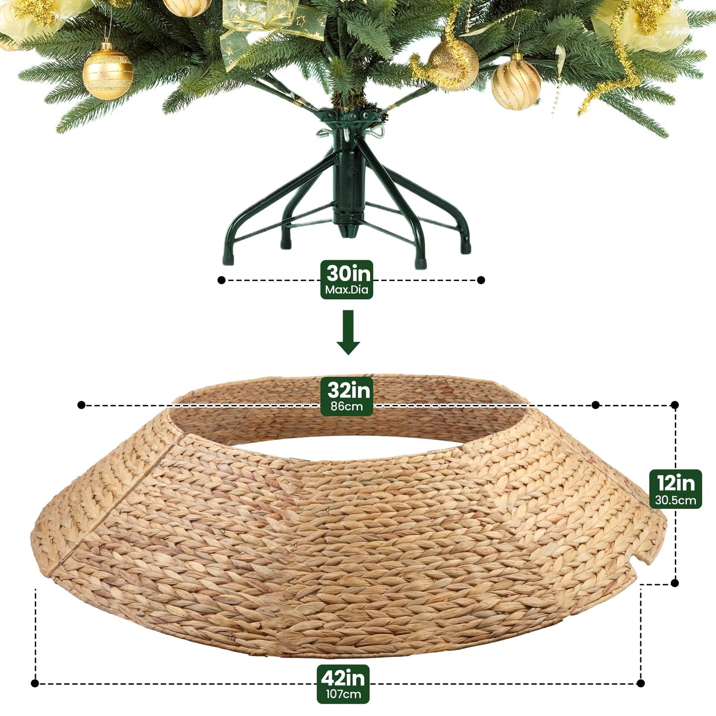42" Christmas Tree Collar, Hand Woven Hyacinth Christmas Tree Base - 8 Piece Rustic Farmhouse Style Tree Skirt Replacements for Artificial Trees, Fits Below 41" Tree Stand, Natural Hyacinth