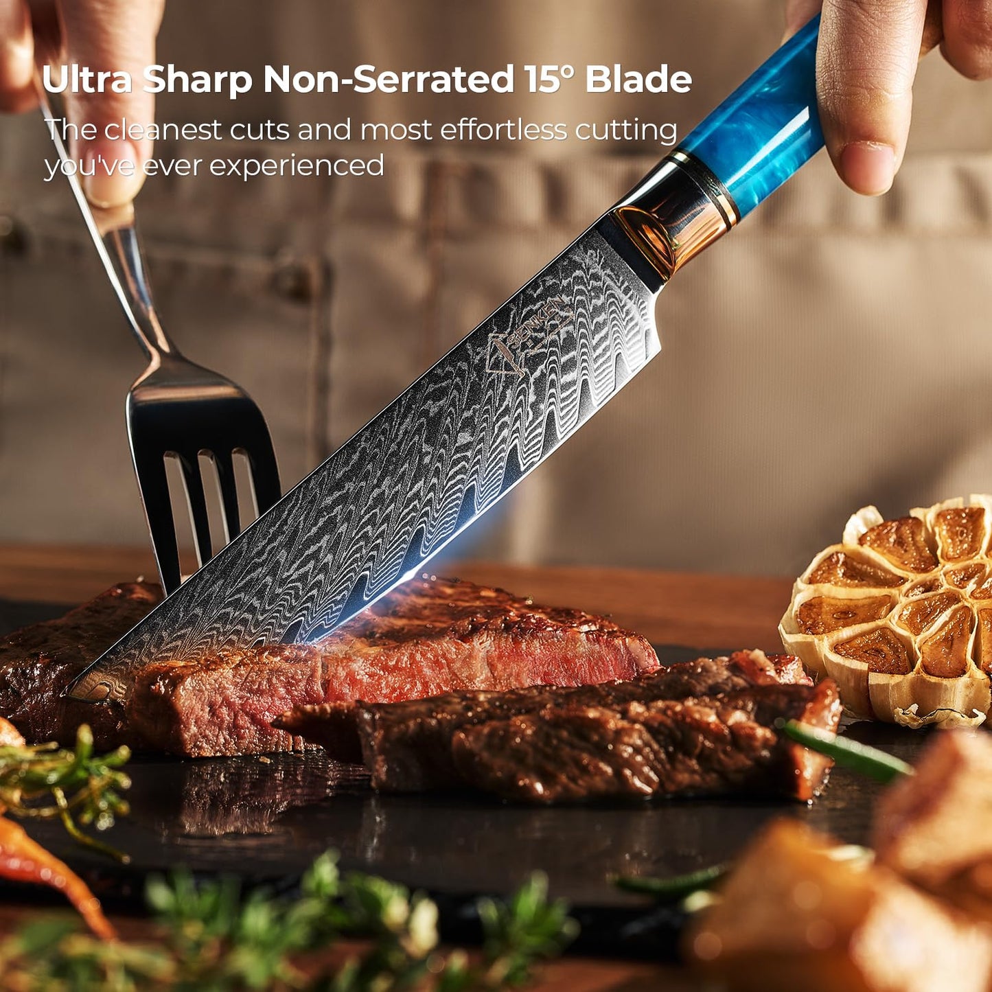 SENKEN Damascus Steak Knife Set - Tsunami Collection - 67-Layer Japanese VG10 Steel - Razor Sharp Non-Serrated Blades, Blue Resin & Natural Wood Pattern Handles, Luxury Gift Box (8 Steak Knife Set)