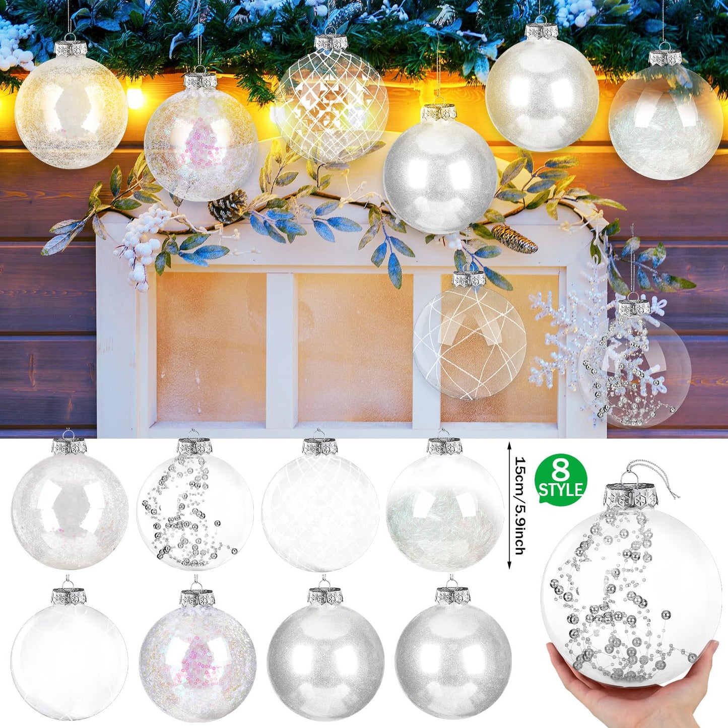 Wettarn Set of 8 Transparent Large Christmas Ball Ornaments 6 Inch Glitter Hanging Plastic Balls Christmas Tree Decorations for Lawn Yard Garden Party with Exquisite Filling Decoration(Silver White)