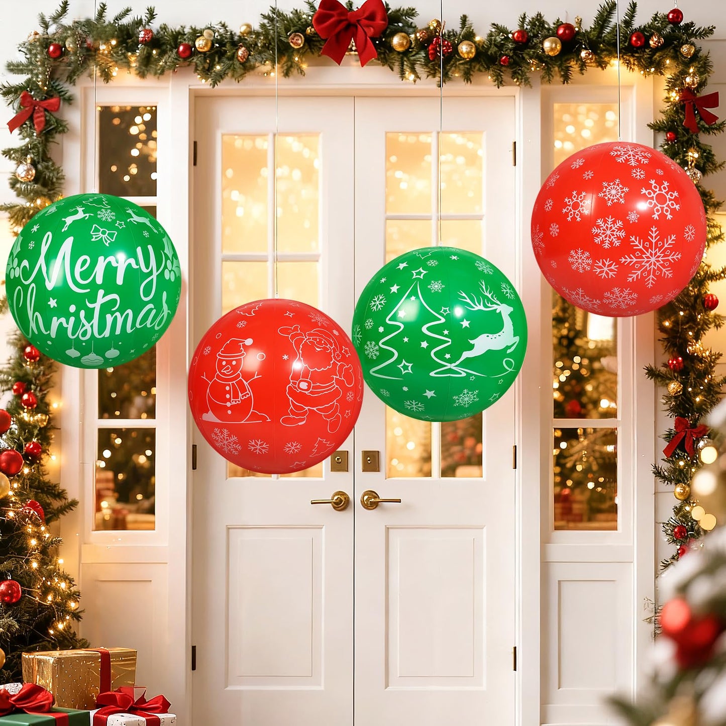 TaoQ C 4 PCS 16 Inch Christmas Inflatable Balloons PVC Hanging Christmas Inflatable Outdoor Balls for Xmas Garden Lawn Yard Holiday Front Door Decoration