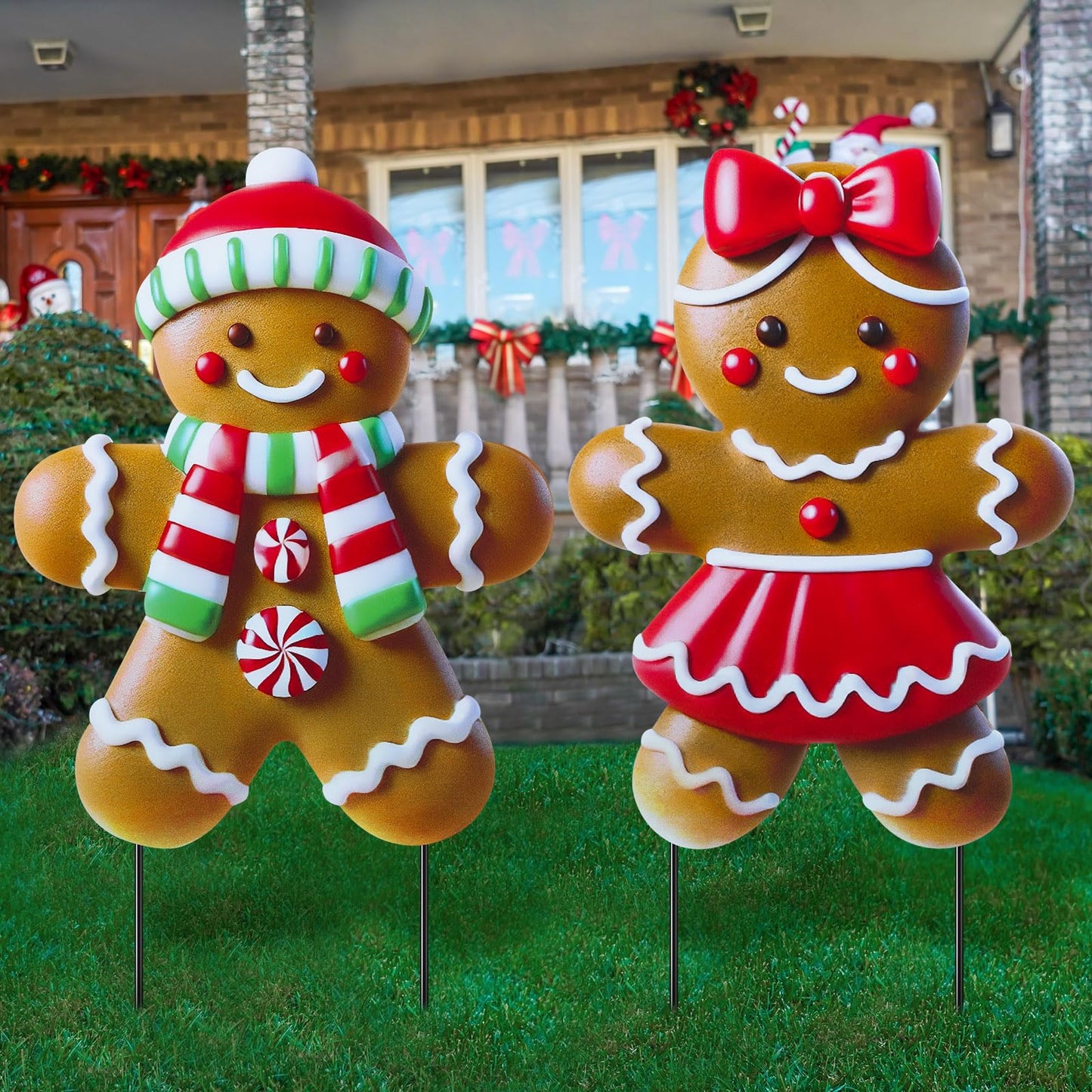 Memorywuu 2 Pack Christmas in July Yard Stakes Metal Stakes 3D Boy and Girl Yard Sign Christmas Outdoor Decorations for Outside Holiday Xmas Winter Ornament Lawn(Classic Gingerbread Man Couple)