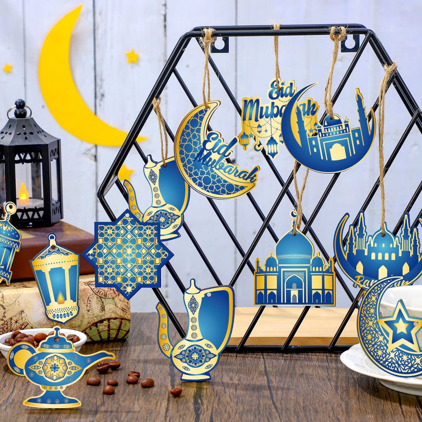 Patelai 36 Pcs Ramadan Ornaments for Tree Wooden Eid Mubarak Tree Decoration Blue and Gold Castle Lantern Star Islamic Hanging Decor Moon with Rope for Home Decor Party