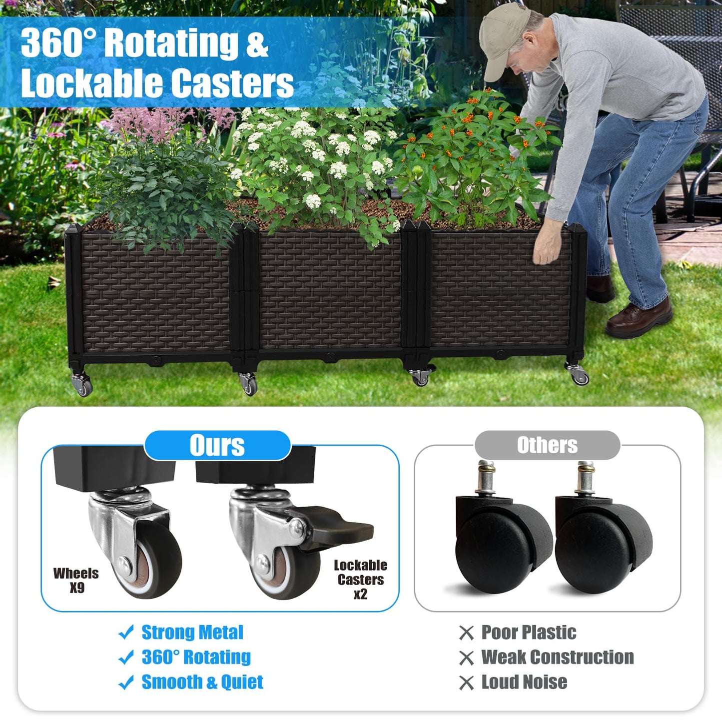 Ciao Stilista Raised Plant Box with Wheels 47.2"x15.7"x16.1", Raised Beds for Gardening Self Watering, Durable Metal Lockable Casters, Rectangular Garden Planter Perfect for Garden Patio Balcony Deck