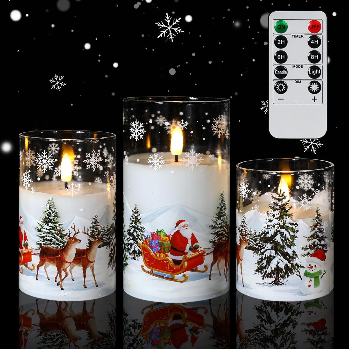 Sariiraw Christmas Snowman Glass Flameless Candles with Remote Timer, Set of 3 Battery Operated LED Pillar Candles for Christmas Decorations, 4" 5" 6" Heights, Warm White Light