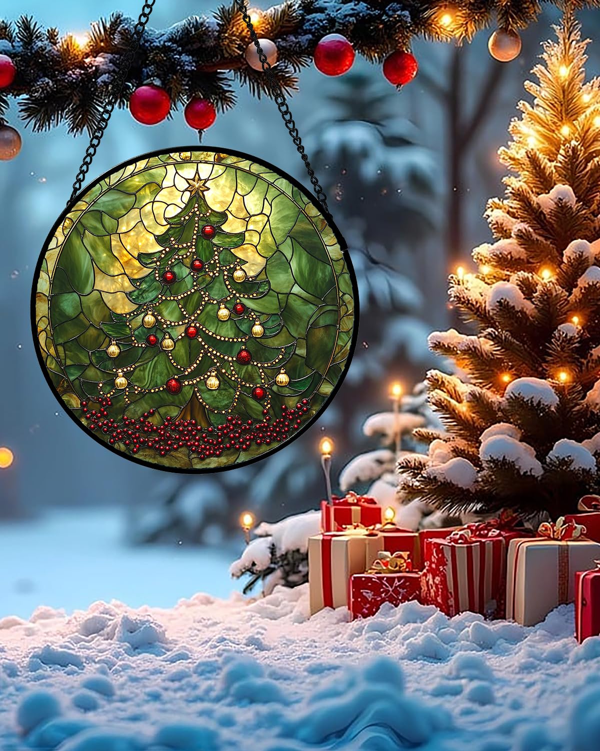 Stained Glass Window Hanging - Retro Green Christmas Tree Suncatcher for Doors Home Christmas Decoration Sun Catcher Thanksgiving New Year Birthday Gifts for Women Men Mom Nana 15 in
