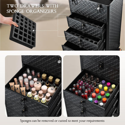 Yueieoun Nail Salon Cart with 4 Drawers,Rolling Makeup Train Case for Beauty,Cosmetology Case on Wheels,Trolley Cart,Lockable Organizer Travel Case for Manicure/Face Painting/Hairstylist/Tattoo Artist