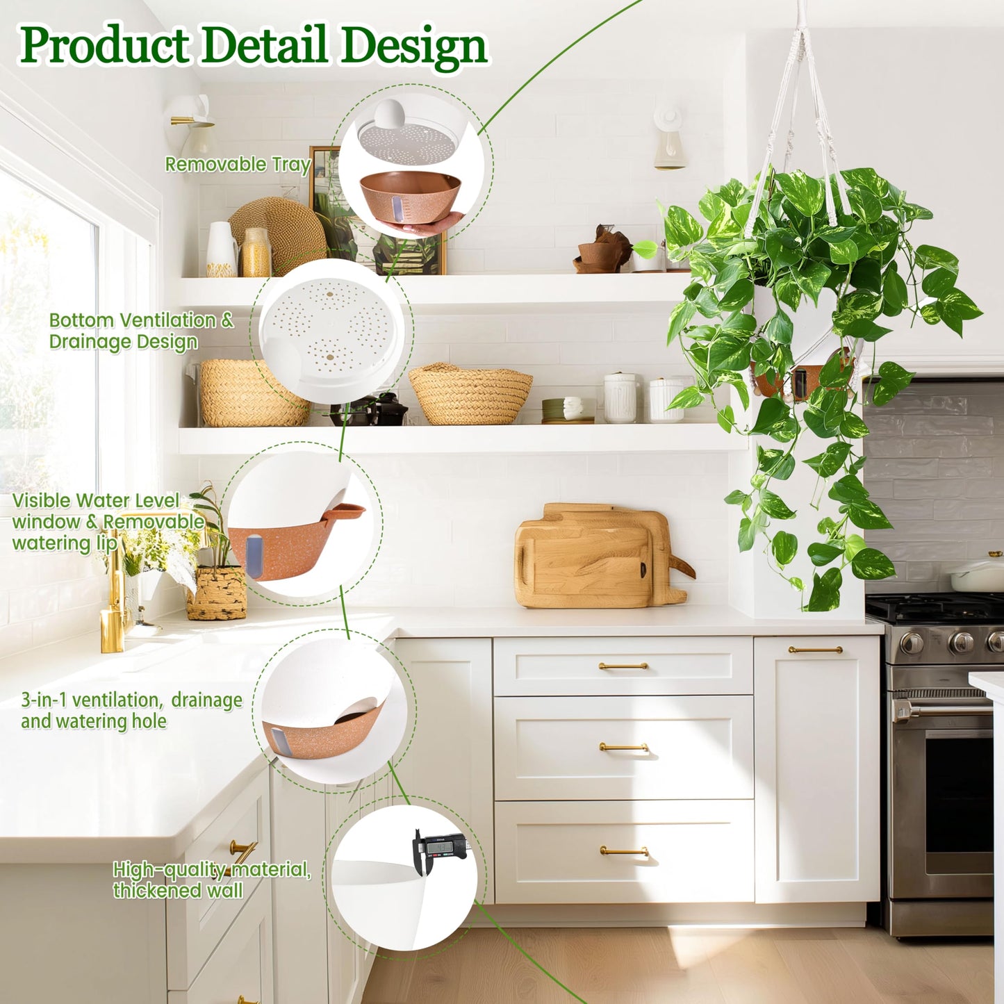 10 Inch Hanging Planters for Indoor Plants, 2 Pack Self Watering Hanging Baskets Flower Pots with Drainage Hole, Visual Reservoir & 2 Kinds of Plant Hanger for Outdoor Garden Home Decor (White)